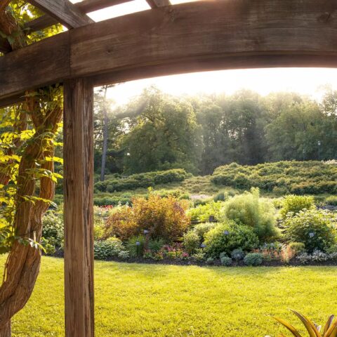 View of Cornell gardens and archway.