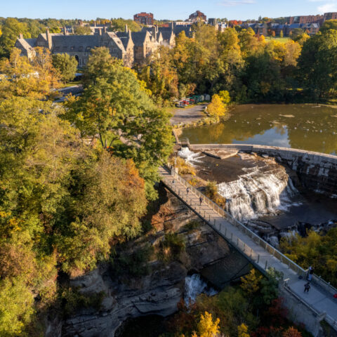 An aerial scene over Triphammer Falls.