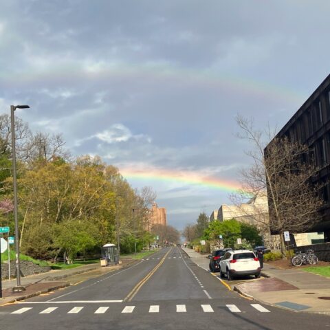 Eastward view up tower road from Feeney Way with a double rainbow.